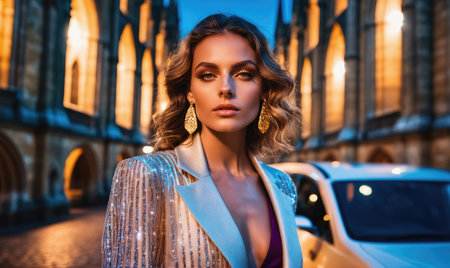 A woman stands in front of a building in the city, wearing a sparkly jacket and gold earringsの素材