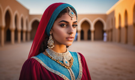 A woman wearing a red and blue headscarf stands in a courtyard with ornate arches, her jewelry sparkling in the sunlightの素材