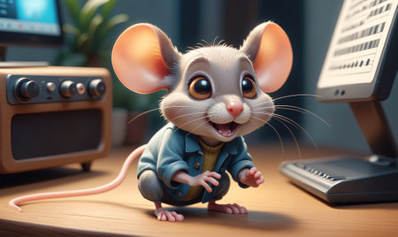 A cute cartoon mouse wearing a denim jacket sits on a desk in front of a computerの素材