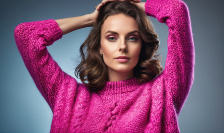 A woman in a pink sweater poses with her arms raised, looking directly at the cameraの素材