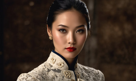 A woman in a white lace blouse stares intently at the camera with a hint of mystery in her eyesの素材