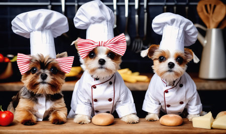 Three dogs dressed in chef outfits are sitting on a counter in a kitchenの素材