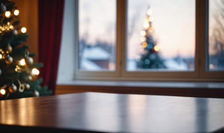 A wooden table sits in front of a window with a view of a snow-covered landscape and a Christmas tree in the distanceの素材