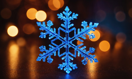 A blue snowflake ornament rests on a dark surface with a blurry background of warm, golden lightsの素材