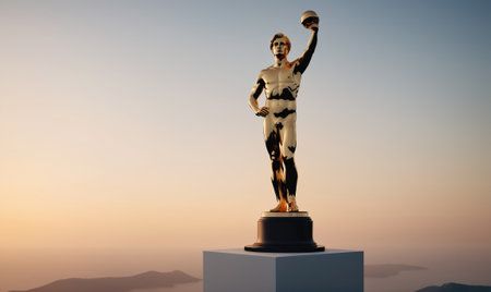 A golden statue stands tall on a platform with a scenic view of the hills in the backgroundの素材