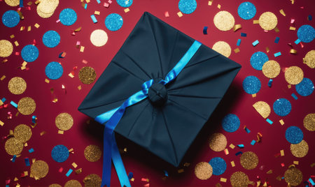 A blue gift box with a blue ribbon is surrounded by confetti on a red backgroundの素材