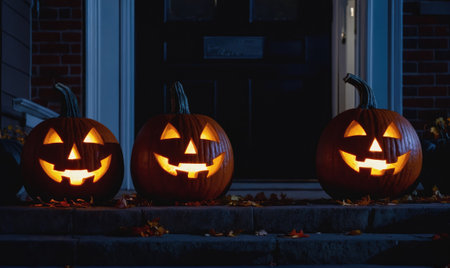 Three jack-o-lanterns sit on a porch lit up for Halloweenの素材