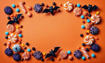 Candy and bats surround a blank space on an orange background, perfect for a Halloween cardの素材