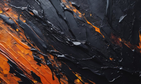 Black and orange paint create abstract patterns on a canvasの素材