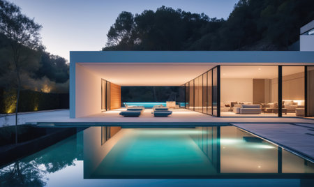 A modern home with a large pool sits in front of a forested hillside at duskの素材