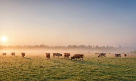 A herd of cows grazes in a misty field at sunriseの素材