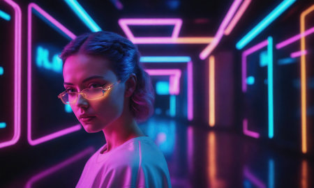 A young woman with short purple hair and glasses stands in a neon-lit hallway, illuminated by vibrant colorsの素材