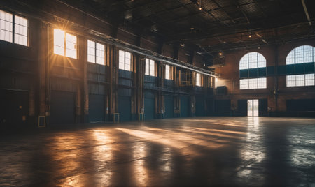 Sunlight streams through the windows of a large, empty industrial spaceの素材