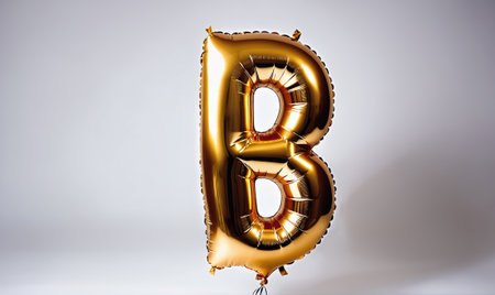 A large, golden letter B balloon floats in front of a white backgroundの素材