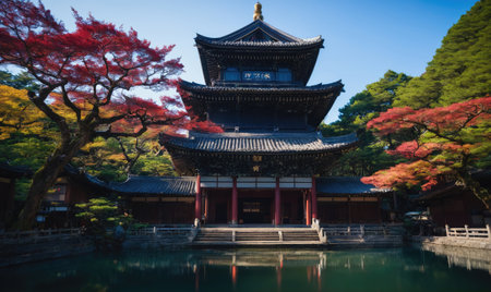 A large building with a red roof and a large tree in front of itの素材