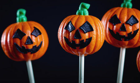 Pumpkin-shaped lollipops with spooky faces are a fun treat for Halloweenの素材