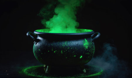 A black cauldron filled with green liquid and smoke sits against a dark backgroundの素材