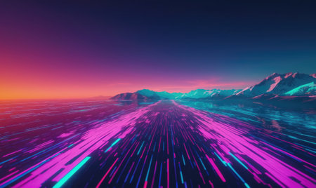 A digital landscape with a pink and blue sky, mountains in the distance, and a glowing path of light stretching out in frontの素材