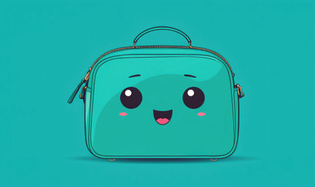 A teal bag with a smiling face sits on a bright turquoise backgroundの素材