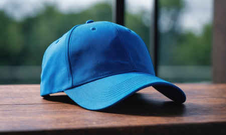 A bright blue baseball cap rests on a wooden table, with a blurry green backgroundの素材