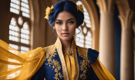 A woman with blue hair and yellow flowers in her hair stands in a grand hall, wearing a blue and yellow dressの素材