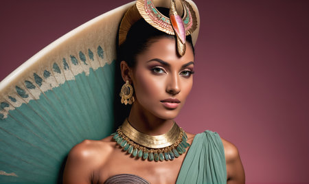 A woman wearing a gold headpiece and a teal dress looks directly at the cameraの素材