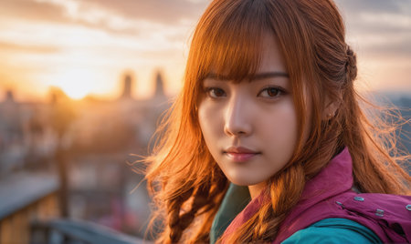 A woman with long red hair and a red scarf is standing on a balconyの素材