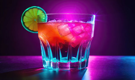 A refreshing drink with ice and a lime wedge in a glass under colorful lightsの素材