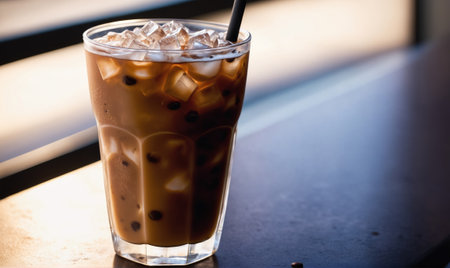 A glass of iced coffee sits on a dark table near a window, ready to be enjoyed on a warm dayの素材