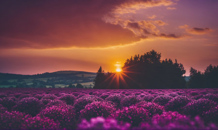 A vibrant sunset illuminates a field of lavender, creating a stunning scene in the countrysideの素材
