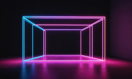 A neon cube glows in a dark room, casting a vibrant pink and blue light on the floorの素材