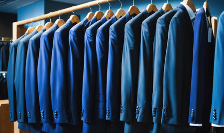 Blue suits hang on a rack in a retail storeの素材