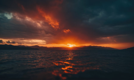 The sun sets over a mountainous landscape, casting a fiery glow across the waterの素材