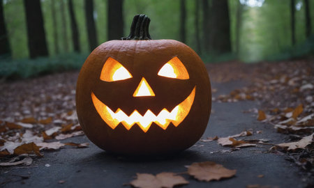 A lit jack-o-lantern sits on a path in a forest, surrounded by autumn leavesの素材