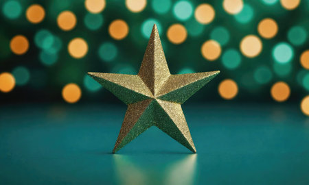 A gold glitter star sits on a teal surface against a green and orange bokeh backgroundの素材