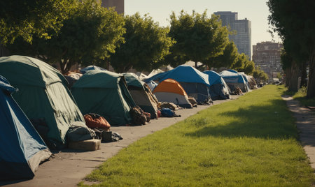 A row of tents is set up on a grassy area in an urban setting, likely a homeless encampmentの素材