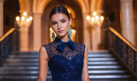 A woman in a blue dress stands on a staircase in a grand buildingの素材