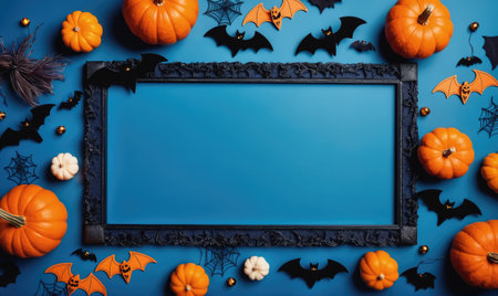 A black frame sits on a blue background with pumpkins and bats for a festive Halloween backdropの素材