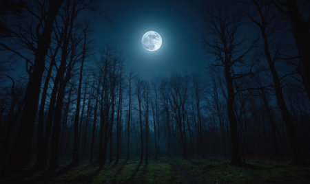 The full moon shines brightly over a dark forest at nightの素材