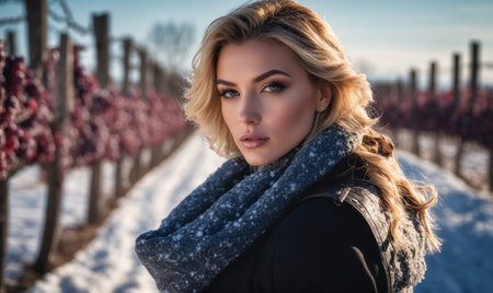 A young woman with long blonde hair looks directly at the camera while wearing a scarf in a snowy vineyardの素材