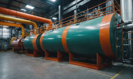 Large industrial tanks stand in a factory, connected by orange pipesの素材