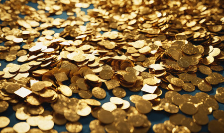 A close-up view of a pile of shiny gold coins scattered on a blue surfaceの素材