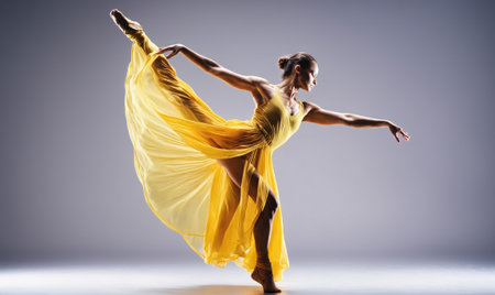 A dancer in a yellow dress performs a graceful pose against a gray backdropの素材