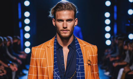 A male model walks the runway in a checkered orange blazer during a fashion showの素材