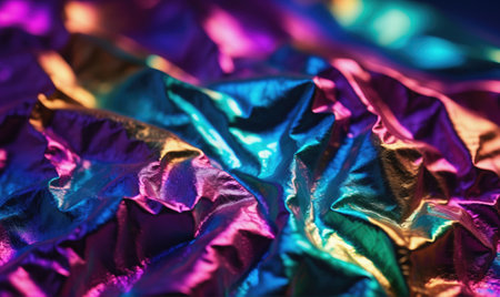 A close-up of iridescent fabric, showing the shifting colors of blue, green, pink, and goldの素材