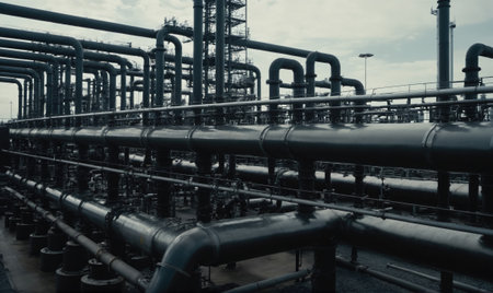 A network of large metal pipes at a refineryの素材