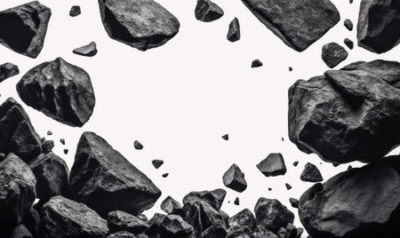 Black rocks fall against a white backgroundの素材
