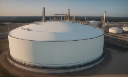 A large, white storage tank sits in a large industrial complexの素材