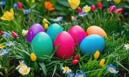 Colorful Easter eggs are nestled in the grass surrounded by spring flowersの素材