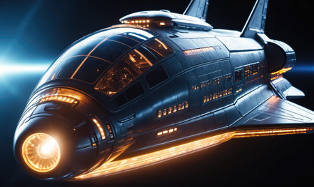 A futuristic spaceship with a large, bright engine is flying through spaceの素材